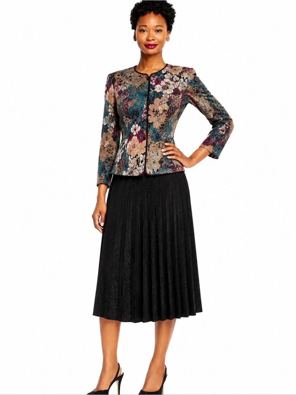 Adrianna Papell Silk Printed Jacket & Black Jacquard Pleated Skirt Set – 8P